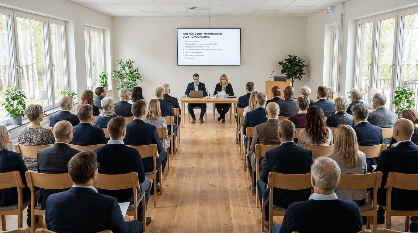 Ett professionellt konferensrum med rader av sittande deltagare som står vända mot två talare vid ett bord framför. En presentation visas på en skärm bakom dem. Rummet är ljust, med fönster och gröna växter längs väggarna.