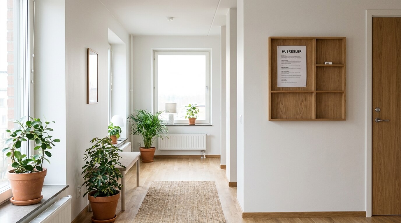 En ljus och prydlig hall med trägolv, vita väggar, gröna krukväxter på golvet och fönsterbrädorna, en vävd matta, en trähylla på väggen och ett stort fönster som släpper in naturligt ljus.