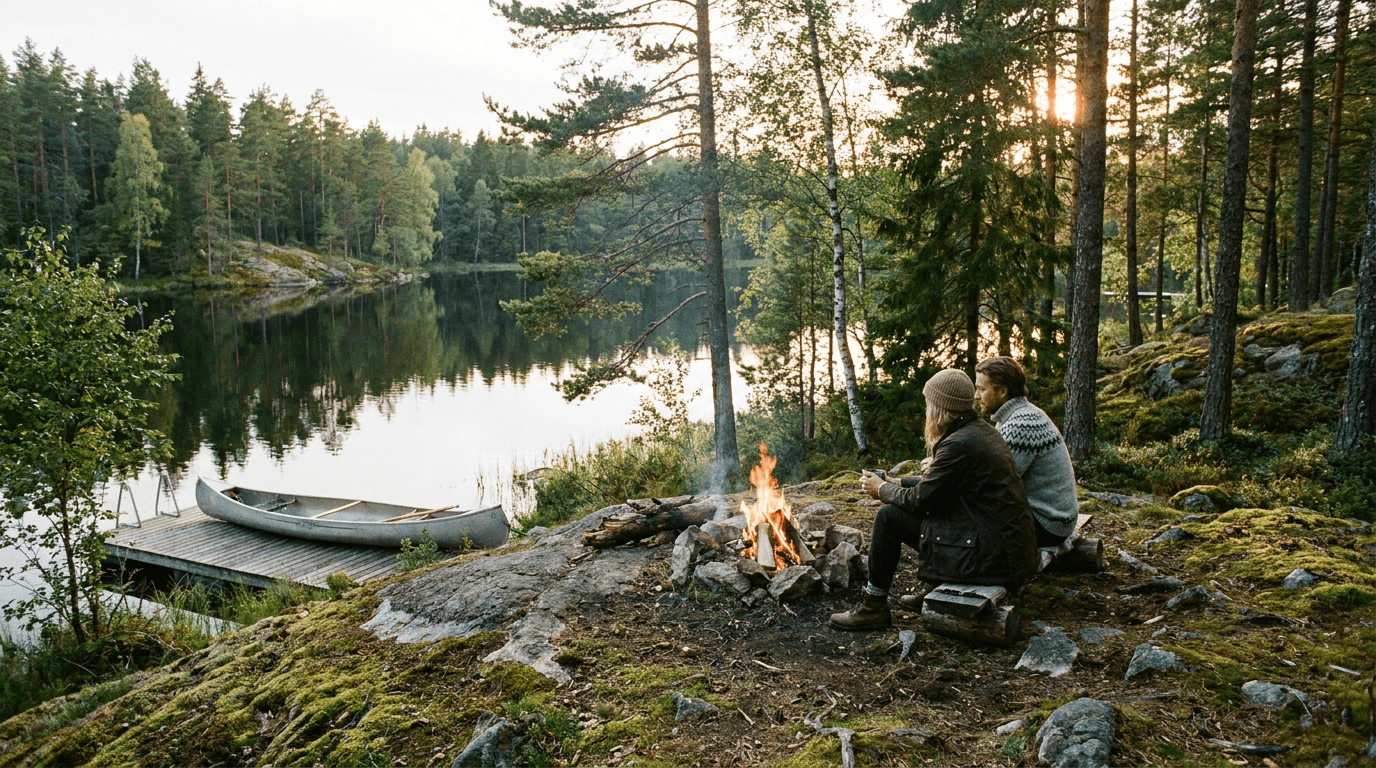 Två personer sitter vid en lägereld på en mossig sjöstrand, omgiven av träd. En kanot ligger förtöjd vid en träbrygga på den lugna sjön. Solen är på väg ner och kastar ett varmt sken över den fridfulla utomhusmiljön.