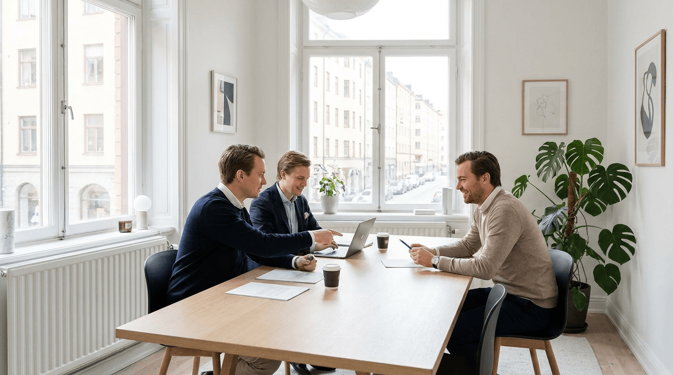 Tre affärsklädda män sitter runt ett bord i ett ljust, modernt kontor med stora fönster och diskuterar. Papper, kaffekoppar och en bärbar dator ligger på bordet. En växt och inramad konst pryder rummet.
