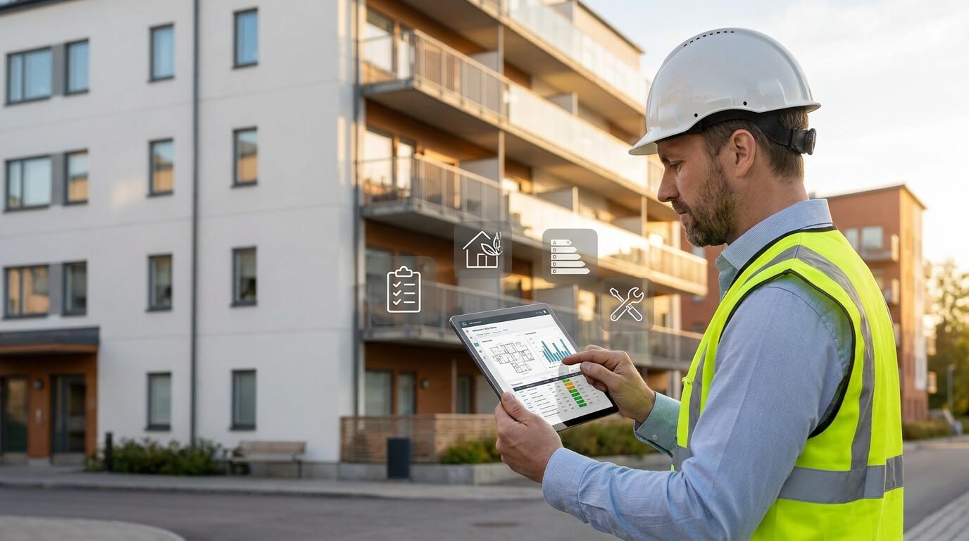 En byggnadsarbetare i skyddshjälm och reflexväst använder en surfplatta utanför ett modernt hyreshus, med digitala ikoner för diagram, dokument och verktyg som flyter ovanför skärmen.