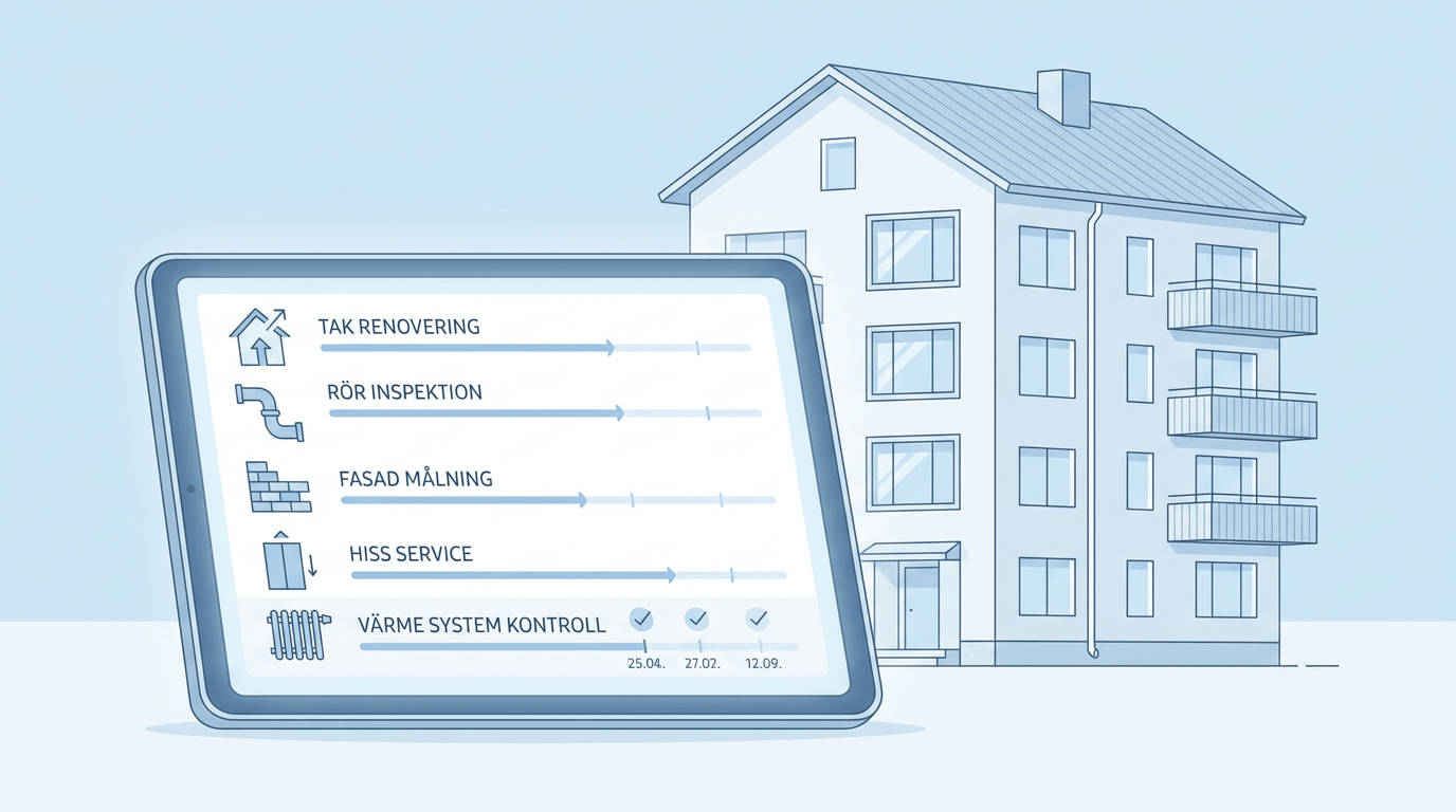 Illustration av ett flerbostadshus med en digital surfplatta framför som visar underhållsuppgifter: takrenovering, rörinspektion, fasadmålning, hisservice och kontroll av värmesystem, med förloppsindikatorer.